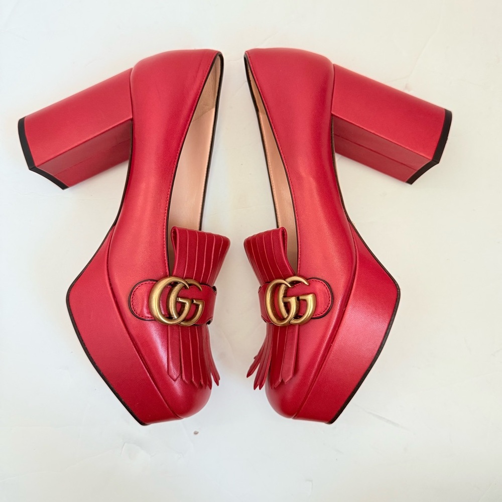 Gucci Hibiscus Red Leather Malaga Kid GG Marmont Fringe Platform Loafer Pumps 39 - Picture 5 of 15